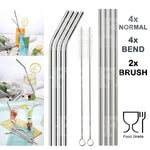 8 STAINLESS STEEL STRAWS REUSABLE + 2 BRUSHES METAL DRINKING STRAW SET - Fortune Star Online